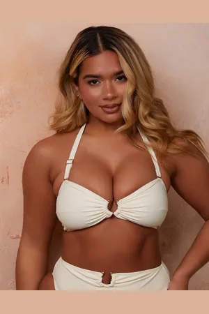Wolf & Whistle X Natalie Gessey Fuller Bust gold trim detail bikini top in cream