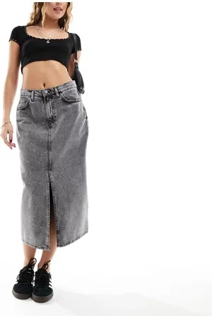 ONLY Studded denim midi skirt with front slit in washed