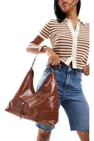 Glamorous Asymmetric zip detail tote bag in chocolate