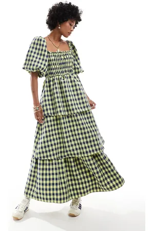 Glamorous Square neck tierred maxi dress in blue yellow check