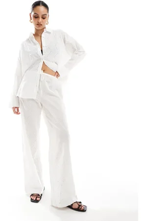 Pull&Bear Broderie drawstring waist trouser co-ord in