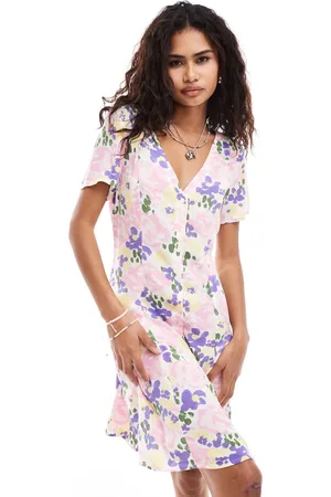 Monki Button through mini dress with v neck in floral print