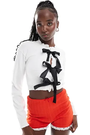 Daisy Street Frill detail cardigan in white with black ribbon ties