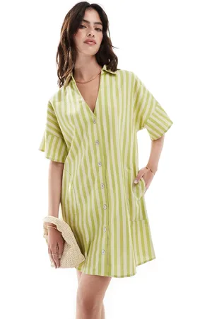 ASOS Short sleeve linen boxy mini shirt dress in green stripe