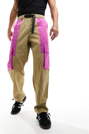 ASOS Baggy cargo trouser in tan and pink with webbing belt
