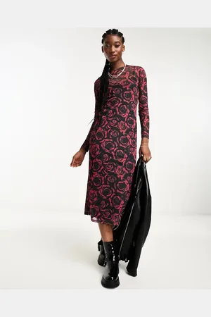 New Look Sheer long sleeve midi dress in rose print
