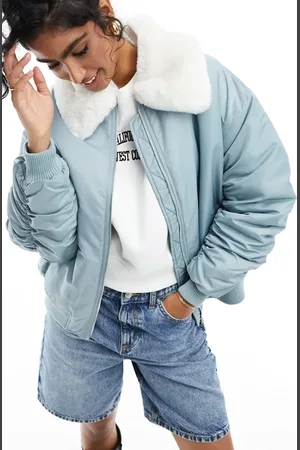 Miss Selfridge Faux fur collar bomber jacket in slate