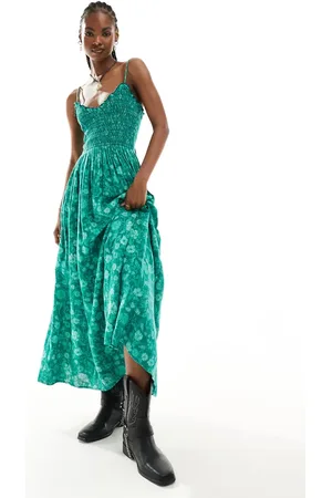 Free People Shirred cami midaxi dress in turquoise