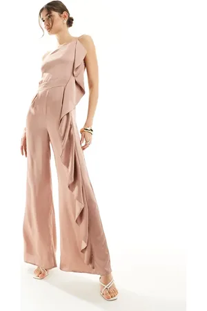 TFNC Bridesmaid satin one shoulder jumpsuit with frill detail in rose