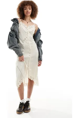 Reclaimed Button front slip dress with lace in antique cream