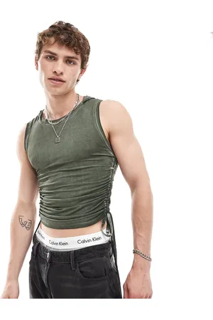 COLLUSION Hooded muscle vest top with tie detail in khaki