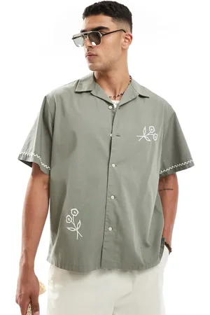SELECTED Revere collar shirt with cream floral print in olive