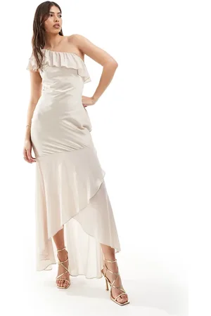 TFNC Bridesmaid satin one shoulder ruffle maxi dress in champagne
