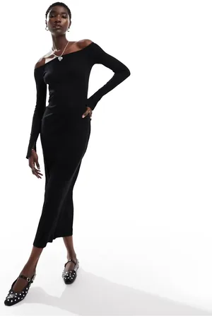 Monki Long sleeve boat neck midi dress in