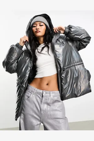 Pieces® Holographic padded jacket with hood in