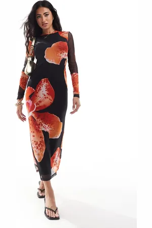 New Look Orchid print mesh dress in black and orange