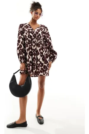 ASOS Cotton v-neck mini smock dress in leopard print