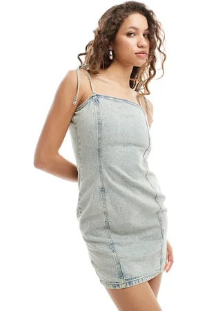 Monki Strappy tie up mini denim dress in beige tint