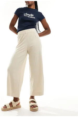 Monki Cilla rib jersey cropped wide leg trousers in beige