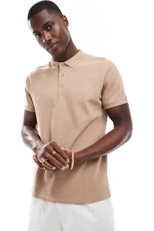 Threadbare Jersey polo shirt in tan with ribbed collar