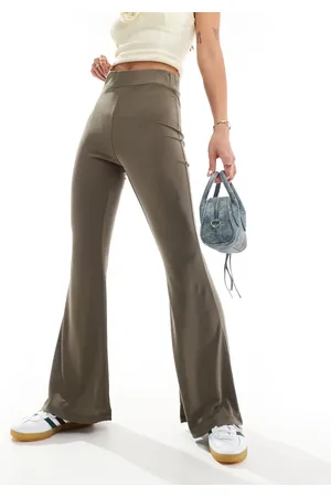 Monki Super soft low waist flare jersey trousers in khaki brown