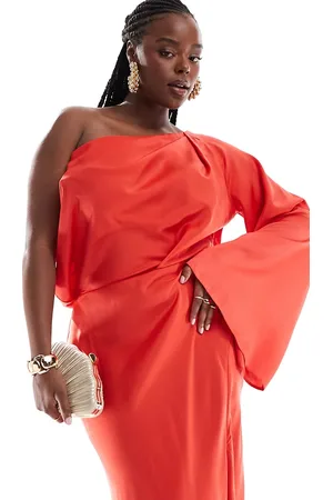 ASOS ASOS DESIGN Curve satin off shoulder asymmetric maxi dress in