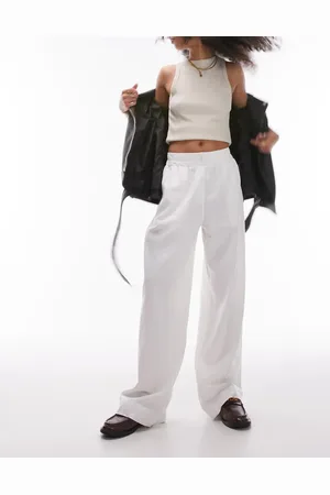 Topshop Linen high waist pull on straight leg trouser in