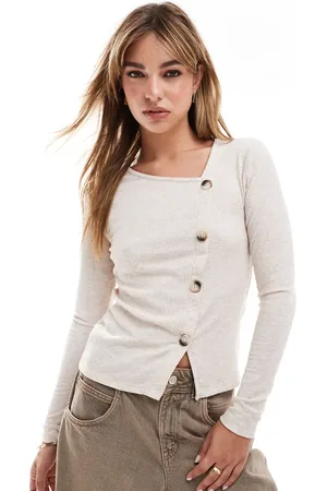 JDY Asymetric ribbed button detail top in beige