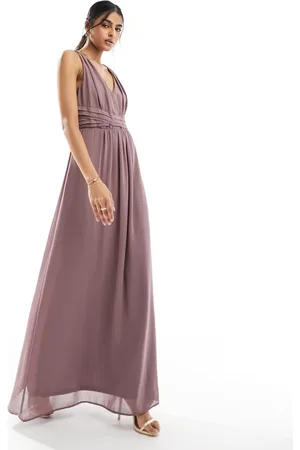VILA Bridesmaid wrap waist detail maxi dress with pleat front in taupe