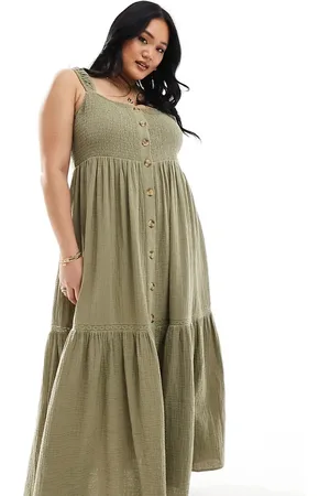 ASOS ASOS DESIGN Curve double cloth shirred button through tie back maxi dress in khaki - KHAKI