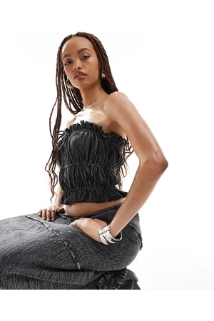COLLUSION Cotton crinkle bandeau sun top co-ord with tie detail in washed charcoal