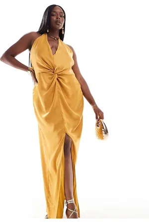 TFNC TFNC Bridesmaids Plus satin halterneck twist front maxi dress in marigold