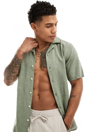 Only & Sons Linen mix revere collar shirt in sage