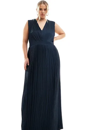 TFNC Bridesmaid satin pleated maxi dress in navy