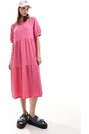 Monki Midi smock dress with tiered hem in
