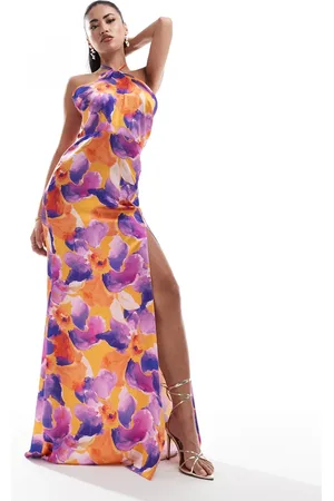 True Violet Satin halterneck maxi dress in dark floral print