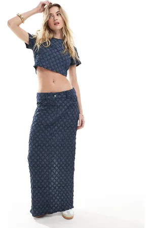 Something New Denim textured maxi skirt co-ord with back split in dark indigo wash
