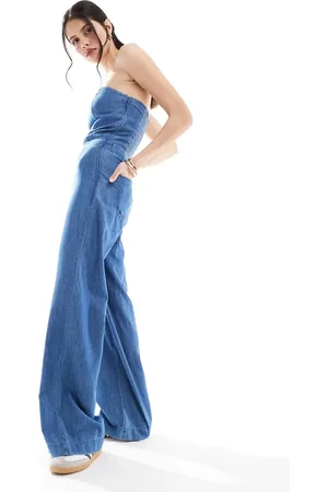 ONLY Bandeau wide leg denim jumpsuit in mid wash