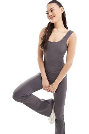 In The Style Ribbed scoop neck flared unitard jumpsuit in charcoal