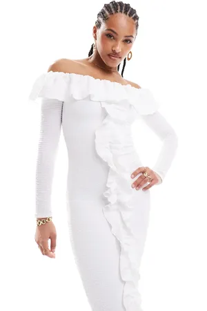 Pretty Lavish Bardot ruffle midaxi dress in cream