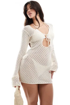 Kaiia Crochet knit tie front mini beach dress in cream