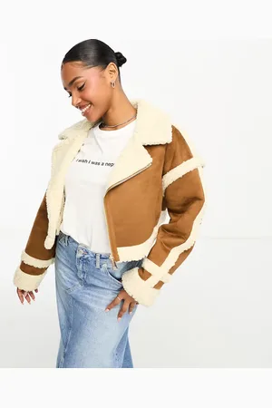 Miss Selfridge Crop suedette borg aviator in tan