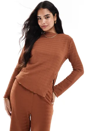 VILA Slash neck textured long sleeve top co-ord in rust