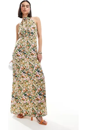 VILA Halterneck maxi dress in nautral floral print