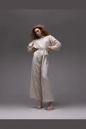 Topshop Button jumpsuit with tie in sand