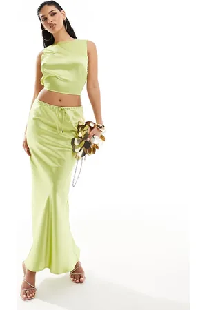 Kaiia Satin drawstring maxi skirt co-ord in lime