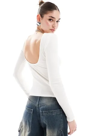 JDY Scoop back rib long sleeve top in cream