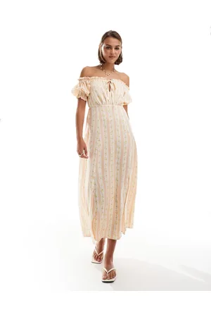 Miss Selfridge Bardot maxi dress in stripe floral print