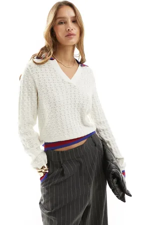 MANGO Collegiate style v neck jumper in off