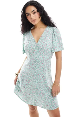 VERO MODA Button through mini skater dress in mint floral